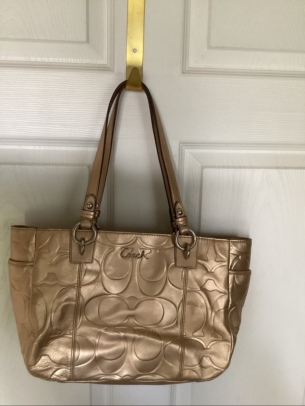 metallic logo coach tote, purse